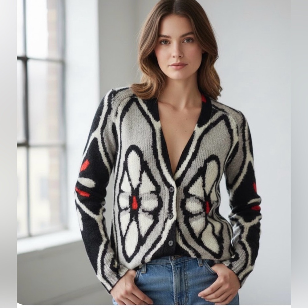 Anthropologie Field Flower Bold Artistic Geometric Cotton Knit Stretch Sweater
